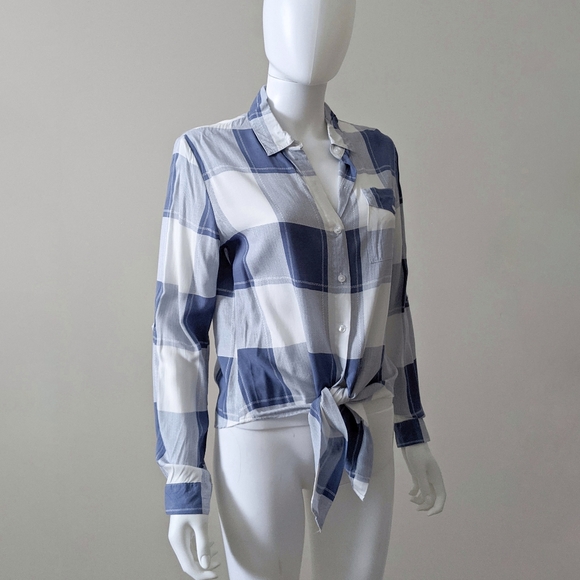 Blue & White Plaid Tie Front Shirt - Picture 3 of 5